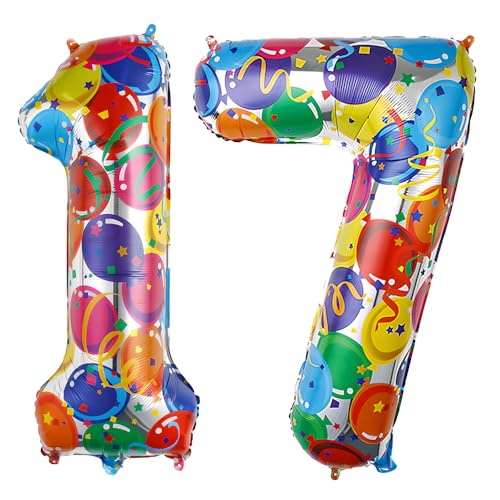 Ponmoo 40 Zoll Foil Luftballon Zahlen 17/71 Mehrfarbig (101cm), Aufblasbares Helium oder Luft, Riesige Folienballons Nummer 0-100, Große Ballones für Hochzeitstag und Geburtstag Party Dekoration von Ponmoo