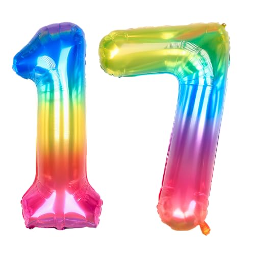 Ponmoo 40 Zoll Foil Luftballon Zahlen 17/71 Neon Regenbogen (101cm), Helium oder Luft, Riesige Folienballons Nummer 0-100, Große Ballons für Hochzeitstag und Geburtstagsparty Ballon Dekoration von Ponmoo