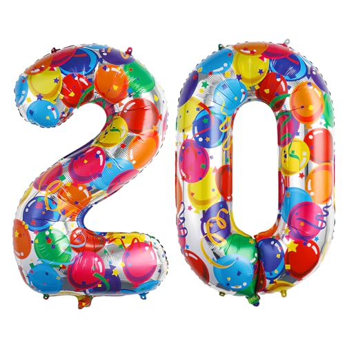 Ponmoo 40 Zoll Foil Luftballon Zahlen 20 Mehrfarbig (101cm), Aufblasbares Helium oder Luft, Riesige Folienballons Nummer 0-100, Große Ballones für Hochzeitstag und Geburtstag Party Dekoration von Ponmoo
