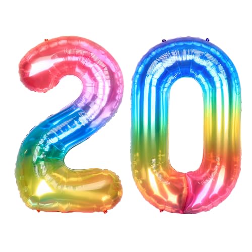 Ponmoo 40 Zoll Foil Luftballon Zahlen 20 Neon Regenbogen (101cm), Helium oder Luft, Riesige Folienballons Nummer 0-100, Große Ballons für Hochzeitstag und Geburtstagsparty Ballon Dekoration von Ponmoo