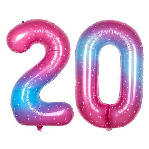 Ponmoo 40 Zoll Foil Luftballon Zahlen 20 Rosa-Blau (101cm), Aufblasbares Helium oder Luft, Riesige Folienballons Nummer 0-100, Große Ballones für Hochzeitstag und Geburtstag Party Dekoration von Ponmoo