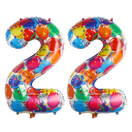 Ponmoo 40 Zoll Foil Luftballon Zahlen 22 Mehrfarbig (101cm), Aufblasbares Helium oder Luft, Riesige Folienballons Nummer 0-100, Große Ballones für Hochzeitstag und Geburtstag Party Dekoration von Ponmoo