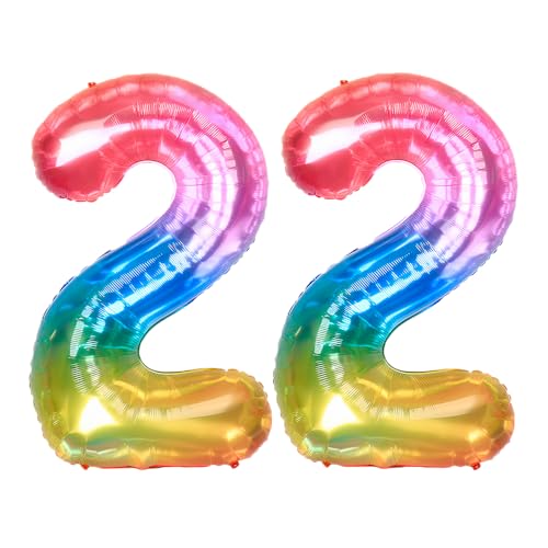 Ponmoo 40 Zoll Foil Luftballon Zahlen 22 Neon Regenbogen (101cm), Helium oder Luft, Riesige Folienballons Nummer 0-100, Große Ballons für Hochzeitstag und Geburtstagsparty Ballon Dekoration von Ponmoo