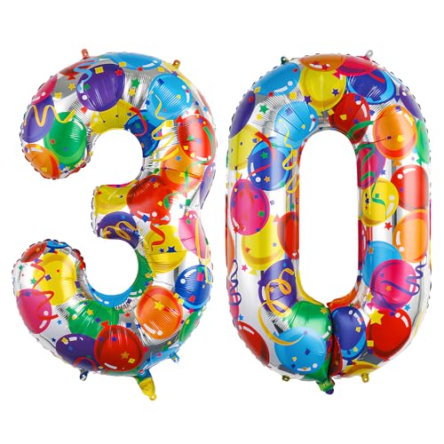 Ponmoo 40 Zoll Foil Luftballon Zahlen 30 Mehrfarbig (101cm), Aufblasbares Helium oder Luft, Riesige Folienballons Nummer 0-100, Große Ballones für Hochzeitstag und Geburtstag Party Dekoration von Ponmoo