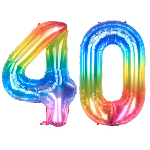 Ponmoo 40 Zoll Foil Luftballon Zahlen 40 Neon Regenbogen (101cm), Helium oder Luft, Riesige Folienballons Nummer 0-100, Große Ballons für Hochzeitstag und Geburtstagsparty Ballon Dekoration von Ponmoo