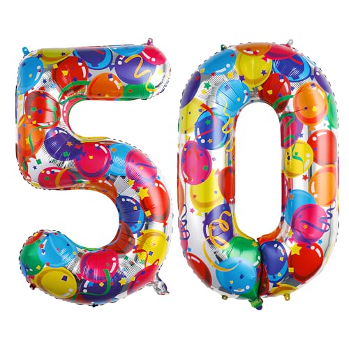 Ponmoo 40 Zoll Foil Luftballon Zahlen 50 Mehrfarbig (101cm), Aufblasbares Helium oder Luft, Riesige Folienballons Nummer 0-100, Große Ballones für Hochzeitstag und Geburtstag Party Dekoration von Ponmoo