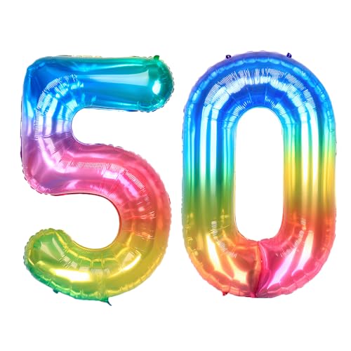 Ponmoo 40 Zoll Foil Luftballon Zahlen 50 Neon Regenbogen (101cm), Helium oder Luft, Riesige Folienballons Nummer 0-100, Große Ballons für Hochzeitstag und Geburtstagsparty Ballon Dekoration von Ponmoo