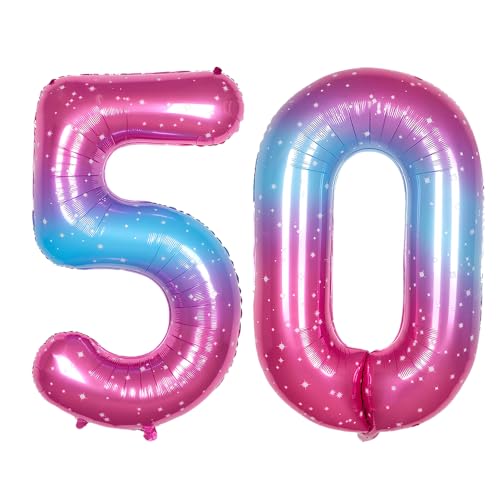 Ponmoo 40 Zoll Foil Luftballon Zahlen 50 Rosa-Blau (101cm), Aufblasbares Helium oder Luft, Riesige Folienballons Nummer 0-100, Große Ballones für Hochzeitstag und Geburtstag Party Dekoration von Ponmoo