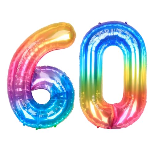 Ponmoo 40 Zoll Foil Luftballon Zahlen 60 Neon Regenbogen (101cm), Helium oder Luft, Riesige Folienballons Nummer 0-100, Große Ballons für Hochzeitstag und Geburtstagsparty Ballon Dekoration von Ponmoo