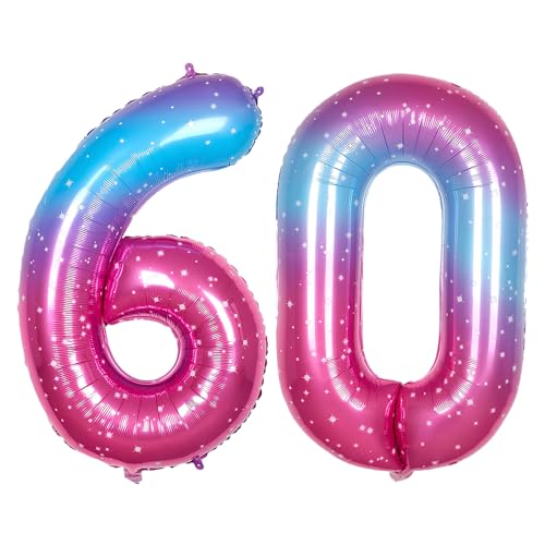 Ponmoo 40 Zoll Foil Luftballon Zahlen 60 Rosa-Blau (101cm), Aufblasbares Helium oder Luft, Riesige Folienballons Nummer 0-100, Große Ballones für Hochzeitstag und Geburtstag Party Dekoration von Ponmoo