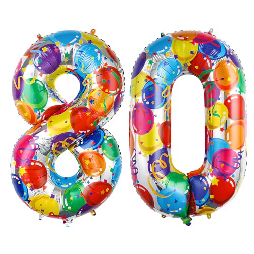 Ponmoo 40 Zoll Foil Luftballon Zahlen 80 Mehrfarbig (101cm), Aufblasbares Helium oder Luft, Riesige Folienballons Nummer 0-100, Große Ballones für Hochzeitstag und Geburtstag Party Dekoration von Ponmoo