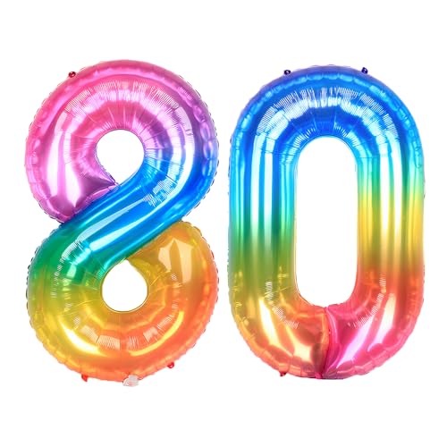 Ponmoo 40 Zoll Foil Luftballon Zahlen 80 Neon Regenbogen (101cm), Helium oder Luft, Riesige Folienballons Nummer 0-100, Große Ballons für Hochzeitstag und Geburtstagsparty Ballon Dekoration von Ponmoo