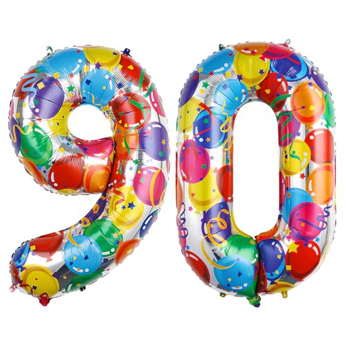 Ponmoo 40 Zoll Foil Luftballon Zahlen 90 Mehrfarbig (101cm), Aufblasbares Helium oder Luft, Riesige Folienballons Nummer 0-100, Große Ballones für Hochzeitstag und Geburtstag Party Dekoration von Ponmoo