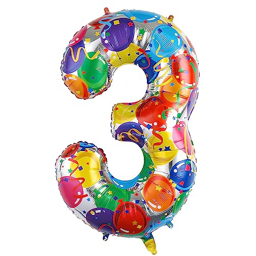 Ponmoo 40 Zoll Foil Luftballon Zahl 3 Mehrfarbig (101cm), Aufblasbares Helium oder Luft, Riesige Folienballons Nummer 0-100, Große Ballones für Hochzeitstag und Geburtstag Party Dekoration von Ponmoo