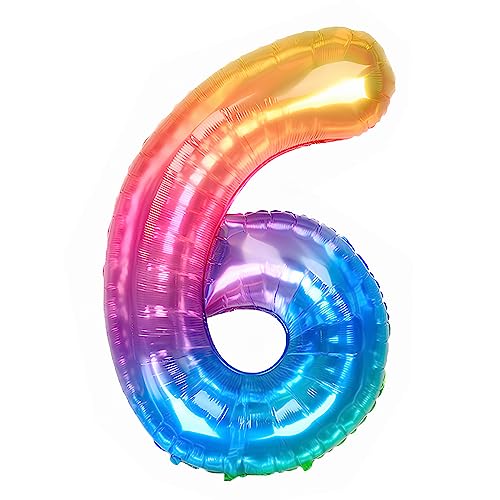 Ponmoo 40 Zoll Foil Luftballon Zahl 6 Neon Regenbogen (101cm), Helium oder Luft, Riesige Folienballons Nummer 0-100, Große Ballons für Hochzeitstag und Geburtstagsparty Ballon Dekoration von Ponmoo