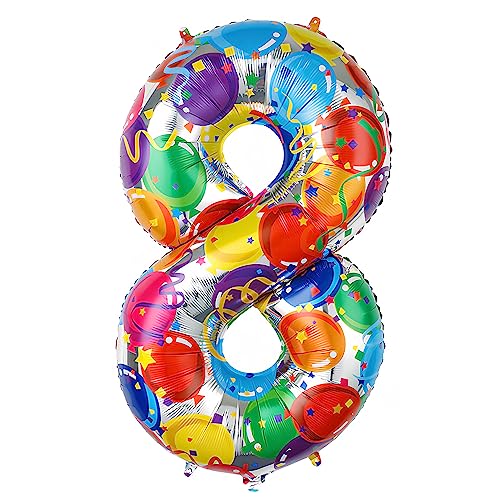 Ponmoo 40 Zoll Foil Luftballon Zahl 8 Mehrfarbig (101cm), Aufblasbares Helium oder Luft, Riesige Folienballons Nummer 0-100, Große Ballones für Hochzeitstag und Geburtstag Party Dekoration von Ponmoo