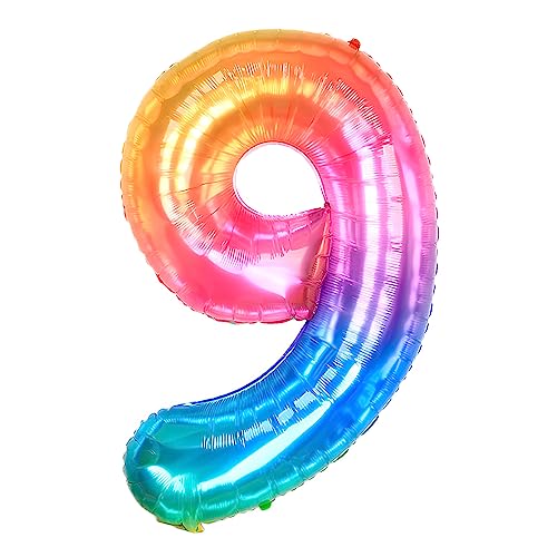 Ponmoo 40 Zoll Foil Luftballon Zahl 9 Neon Regenbogen (101cm), Helium oder Luft, Riesige Folienballons Nummer 0-100, Große Ballons für Hochzeitstag und Geburtstagsparty Ballon Dekoration von Ponmoo