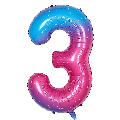 Ponmoo 40 Zoll Foil Luftballon Zahl 3 Rosa-Blau (101cm), Aufblasbares Helium oder Luft, Riesige Folienballons Nummer 0-100, Große Ballones für Hochzeitstag und Geburtstag Party Dekoration von Ponmoo