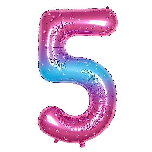 Ponmoo 40 Zoll Foil Luftballon Zahl 5 Rosa-Blau (101cm), Aufblasbares Helium oder Luft, Riesige Folienballons Nummer 0-100, Große Ballones für Hochzeitstag und Geburtstag Party Dekoration von Ponmoo