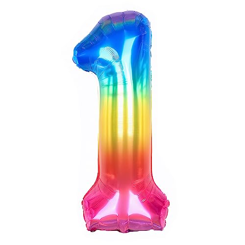 Ponmoo 40 Zoll Foil Luftballon Zahl 1 Neon Regenbogen (101cm), Helium oder Luft, Riesige Folienballons Nummer 0-100, Große Ballons für Hochzeitstag und Geburtstagsparty Ballon Dekoration von Ponmoo