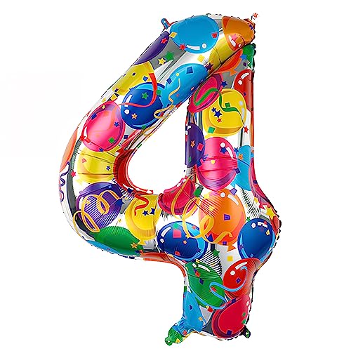 Ponmoo 40 Zoll Foil Luftballon Zahl 4 Mehrfarbig (101cm), Aufblasbares Helium oder Luft, Riesige Folienballons Nummer 0-100, Große Ballones für Hochzeitstag und Geburtstag Party Dekoration von Ponmoo