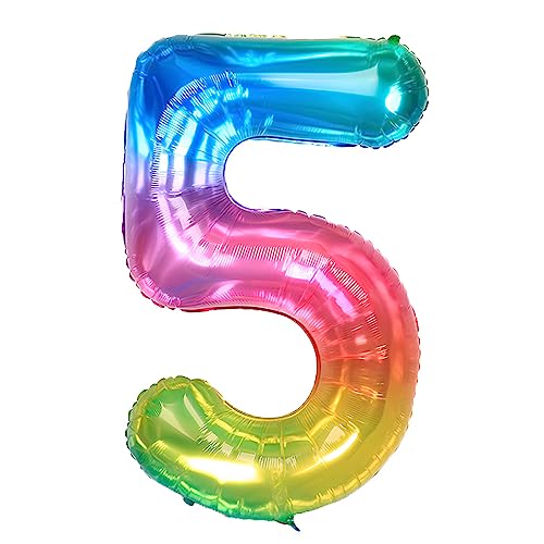 Ponmoo 40 Zoll Foil Luftballon Zahl 5 Neon Regenbogen (101cm), Helium oder Luft, Riesige Folienballons Nummer 0-100, Große Ballons für Hochzeitstag und Geburtstagsparty Ballon Dekoration von Ponmoo