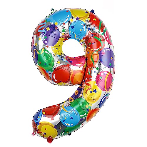 Ponmoo 40 Zoll Foil Luftballon Zahl 9 Mehrfarbig (101cm), Aufblasbares Helium oder Luft, Riesige Folienballons Nummer 0-100, Große Ballones für Hochzeitstag und Geburtstag Party Dekoration von Ponmoo