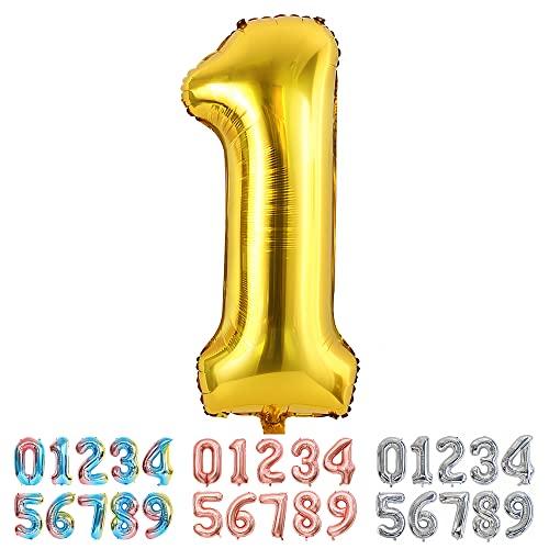 Ponmoo Luftballon Zahl 1 Gold, Riesen Nummer 0 1 2 3 4 5 6 7 8 9 10-19 20-29 30-39 40 50 60 70 80 90 100, groß Folienballons für Hochzeit Jubiläum, Geburtstagsballons Party Dekoration von Ponmoo
