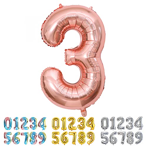 Ponmoo Luftballon Zahl 3 Rosegold, Riesen Nummer 0 1 2 3 4 5 6 7 8 9 10-19 20-29 30-39 40 50 60 70 80 90 100, groß Folienballons für Hochzeit Jubiläum, Geburtstagsballons Party Dekoration von Ponmoo