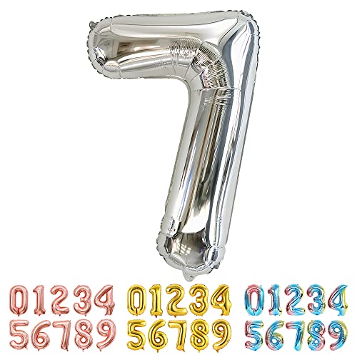 Ponmoo Luftballon Zahl 7 Silber, Riesen Nummer 0 1 2 3 4 5 6 7 8 9 10-19 20-29 30-39 40 50 60 70 80 90 100, groß Folienballons für Hochzeit Jubiläum, Geburtstagsballons Party Dekoration von Ponmoo