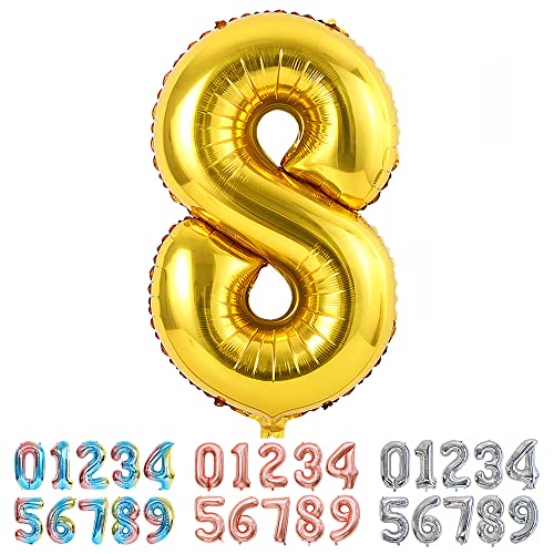 Ponmoo Luftballon Zahl 8 Gold, Riesen Nummer 0 1 2 3 4 5 6 7 8 9 10-19 20-29 30-39 40 50 60 70 80 90 100, groß Folienballons für Hochzeit Jubiläum, Geburtstagsballons Party Dekoration von Ponmoo