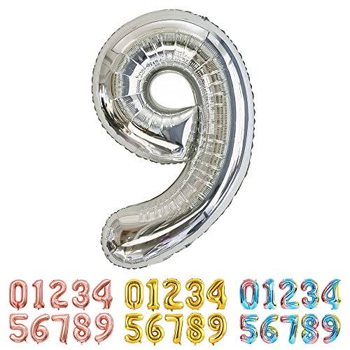 Ponmoo Luftballon Zahl 9 Silber, Riesen Nummer 0 1 2 3 4 5 6 7 8 9 10-19 20-29 30-39 40 50 60 70 80 90 100, groß Folienballons für Hochzeit Jubiläum, Geburtstagsballons Party Dekoration von Ponmoo