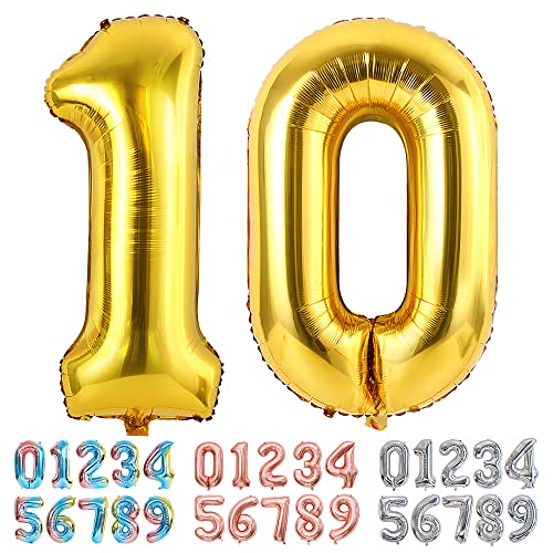 Ponmoo Luftballons Zahlen 10 Gold, Riesen Nummer 0 1 2 3 4 5 6 7 8 9 10-19 20-29 30-39 40 50 60 70 80 90 100, groß Folienballons für Hochzeit Jubiläum, Geburtstagsballons Party Dekoration von Ponmoo