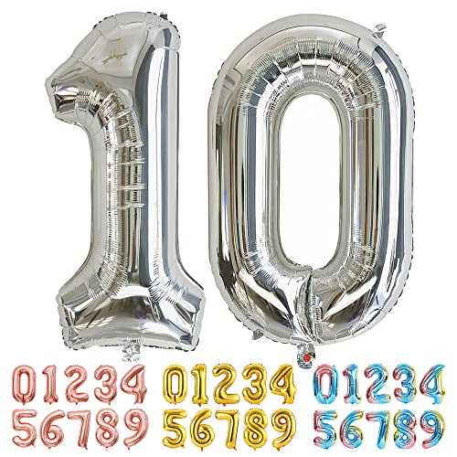 Ponmoo Luftballons Zahlen 10 Silber, Riesen Nummer 0 1 2 3 4 5 6 7 8 9 10-19 20-29 30-39 40 50 60 70 80 90 100, groß Folienballons für Hochzeit Jubiläum, Geburtstagsballons Party Dekoration von Ponmoo