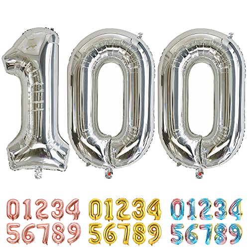 Ponmoo Luftballons Zahlen 100 Silber, Riesen Nummer 0 1 2 3 4 5 6 7 8 9 10-19 20-29 30-39 40 50 60 70 80 90 100, groß Folienballons für Hochzeit Jubiläum, Geburtstagsballons Party Dekoration von Ponmoo
