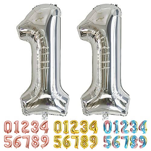 Ponmoo Luftballons Zahlen 11 Silber, Riesen Nummer 0 1 2 3 4 5 6 7 8 9 10-19 20-29 30-39 40 50 60 70 80 90 100, groß Folienballons für Hochzeit Jubiläum, Geburtstagsballons Party Dekoration von Ponmoo