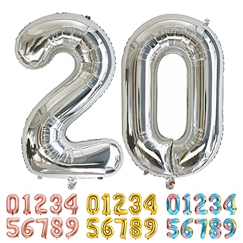 Ponmoo Luftballons Zahlen 20 Silber, Riesen Nummer 0 1 2 3 4 5 6 7 8 9 10-19 20-29 30-39 40 50 60 70 80 90 100, groß Folienballons für Hochzeit Jubiläum, Geburtstagsballons Party Dekoration von Ponmoo