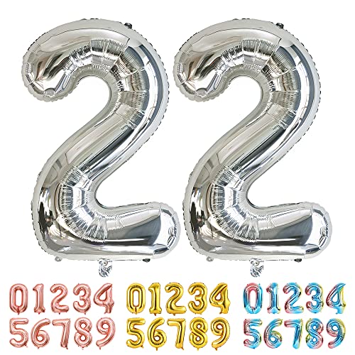 Ponmoo Luftballons Zahlen 22 Silber, Riesen Nummer 0 1 2 3 4 5 6 7 8 9 10-19 20-29 30-39 40 50 60 70 80 90 100, groß Folienballons für Hochzeit Jubiläum, Geburtstagsballons Party Dekoration von Ponmoo
