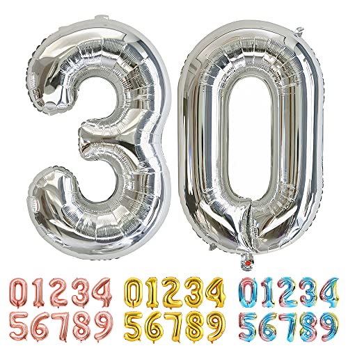 Ponmoo Luftballons Zahlen 30 Silber, Riesen Nummer 0 1 2 3 4 5 6 7 8 9 10-19 20-29 30-39 40 50 60 70 80 90 100, groß Folienballons für Hochzeit Jubiläum, Geburtstagsballons Party Dekoration von Ponmoo