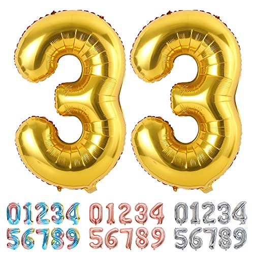 Ponmoo Luftballons Zahlen 33 Gold, Riesen Nummer 0 1 2 3 4 5 6 7 8 9 10-19 20-29 30-39 40 50 60 70 80 90 100, groß Folienballons für Hochzeit Jubiläum, Geburtstagsballons Party Dekoration von Ponmoo