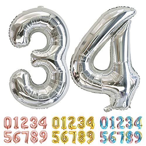 Ponmoo Luftballons Zahlen 34/43 Silber, Riesen Nummer 0 1 2 3 4 5 6 7 8 9 10-19 20-29 30-39 40 50 60 70 80 90 100, groß Folienballons für Hochzeit Jubiläum, Geburtstagsballons Party Dekoration von Ponmoo