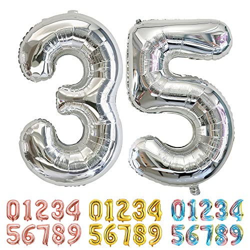 Ponmoo Luftballons Zahlen 35/53 Silber, Riesen Nummer 0 1 2 3 4 5 6 7 8 9 10-19 20-29 30-39 40 50 60 70 80 90 100, groß Folienballons für Hochzeit Jubiläum, Geburtstagsballons Party Dekoration von Ponmoo