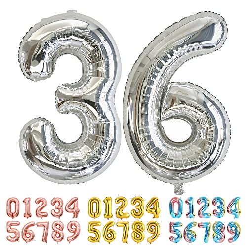 Ponmoo Luftballons Zahlen 36/63 Silber, Riesen Nummer 0 1 2 3 4 5 6 7 8 9 10-19 20-29 30-39 40 50 60 70 80 90 100, groß Folienballons für Hochzeit Jubiläum, Geburtstagsballons Party Dekoration von Ponmoo