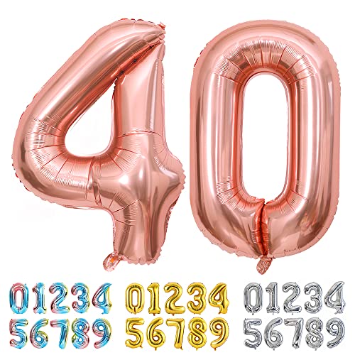 Ponmoo Luftballons Zahlen 40 Rosegold, Riesen Nummer 0 1 2 3 4 5 6 7 8 9 10-19 20-29 30-39 40 50 60 70 80 90 100, groß Folienballons für Hochzeit Jubiläum, Geburtstagsballons Party Dekoration von Ponmoo