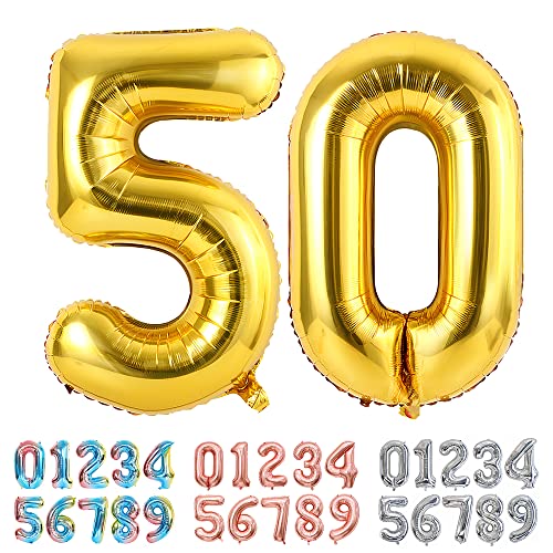 Ponmoo Luftballons Zahlen 50 Gold, Riesen Nummer 0 1 2 3 4 5 6 7 8 9 10-19 20-29 30-39 40 50 60 70 80 90 100, groß Folienballons für Hochzeit Jubiläum, Geburtstagsballons Party Dekoration von Ponmoo