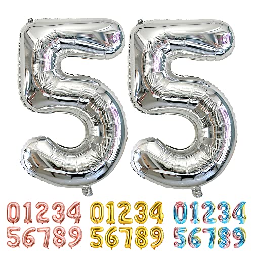 Ponmoo Luftballons Zahlen 55 Silber, Riesen Nummer 0 1 2 3 4 5 6 7 8 9 10-19 20-29 30-39 40 50 60 70 80 90 100, groß Folienballons für Hochzeit Jubiläum, Geburtstagsballons Party Dekoration von Ponmoo