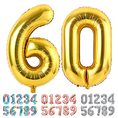 Ponmoo Luftballons Zahlen 60 Gold, Riesen Nummer 0 1 2 3 4 5 6 7 8 9 10-19 20-29 30-39 40 50 60 70 80 90 100, groß Folienballons für Hochzeit Jubiläum, Geburtstagsballons Party Dekoration von Ponmoo
