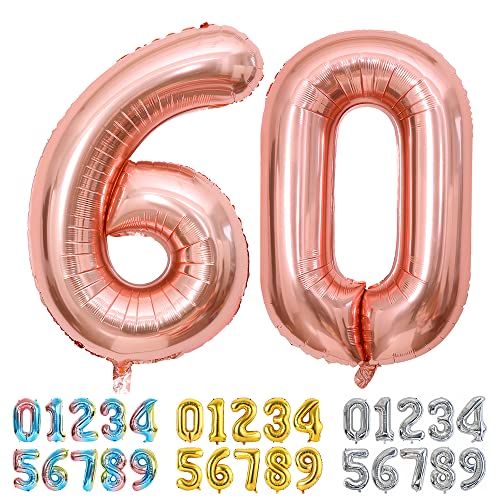 Ponmoo Luftballons Zahlen 60 Rosegold, Riesen Nummer 0 1 2 3 4 5 6 7 8 9 10-19 20-29 30-39 40 50 60 70 80 90 100, groß Folienballons für Hochzeit Jubiläum, Geburtstagsballons Party Dekoration von Ponmoo