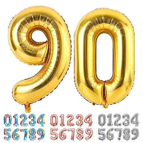 Ponmoo Luftballons Zahlen 90 Gold, Riesen Nummer 0 1 2 3 4 5 6 7 8 9 10-19 20-29 30-39 40 50 60 70 80 90 100, groß Folienballons für Hochzeit Jubiläum, Geburtstagsballons Party Dekoration von Ponmoo