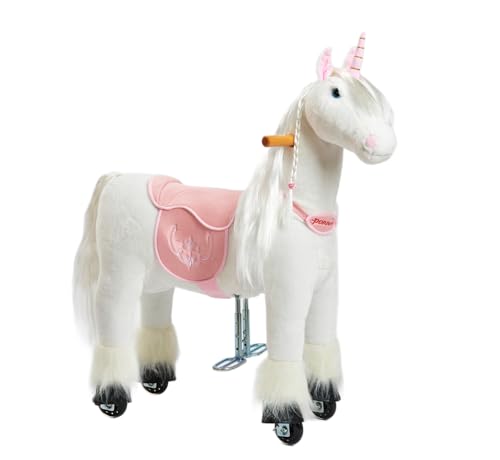 PONNIE Reitpferd mit Rollen Unicorn S (3-6 Jahre), Spielpferd zum Reiten mit Abnehmbarer Rosa Sattel und Halfter mit Zaumzeug, Kämmbare Mähne und Schwanz, Plüschpferd zum Reiten für Kinder von Ponnie